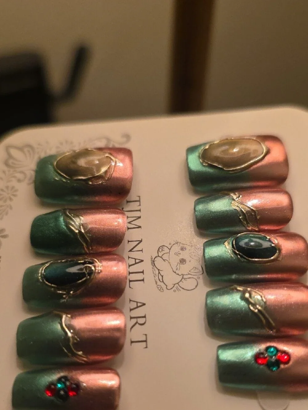 Green and Pink Ombre Press-On Nail Set Size Large